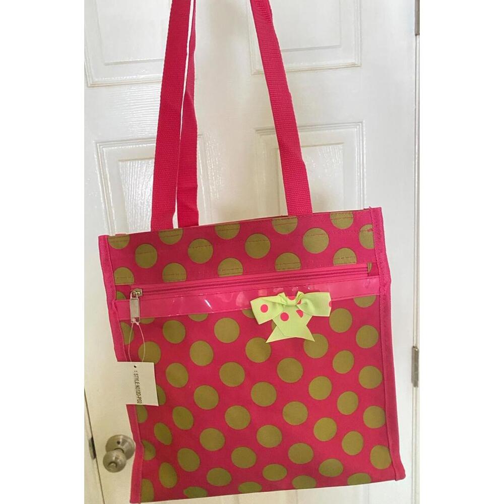 Shopping Tote Bag Pink & Green Polka Dot Vinyl w/ Coin Purse Reusable Bag Beach